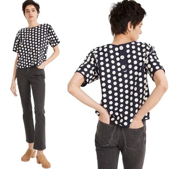 Madewell Textured Dot Top Embroidered Crew Neck Short Sleeve Boxy Blouse - Picture 2 of 14